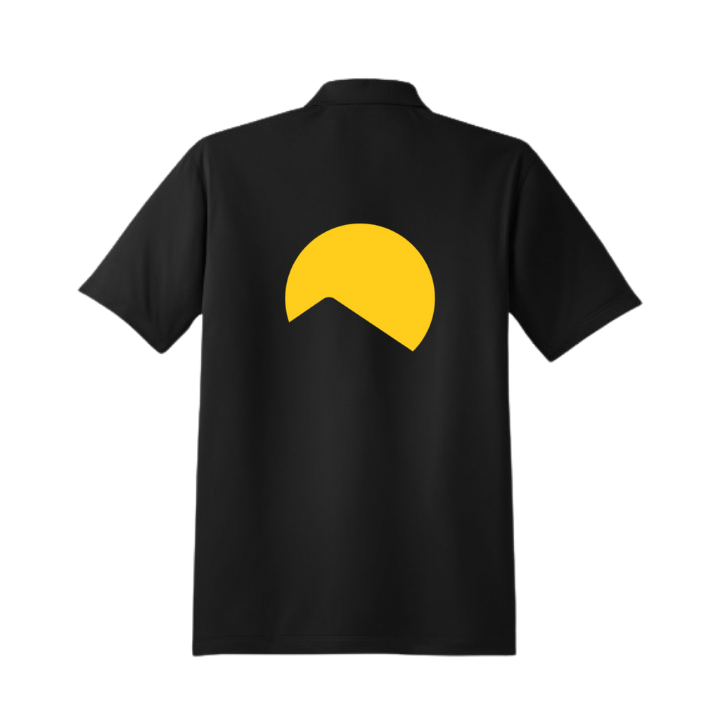 Black collared short-sleeve polo shirt featuring a vibrant yellow circular logo with a black mountain silhouette on the back