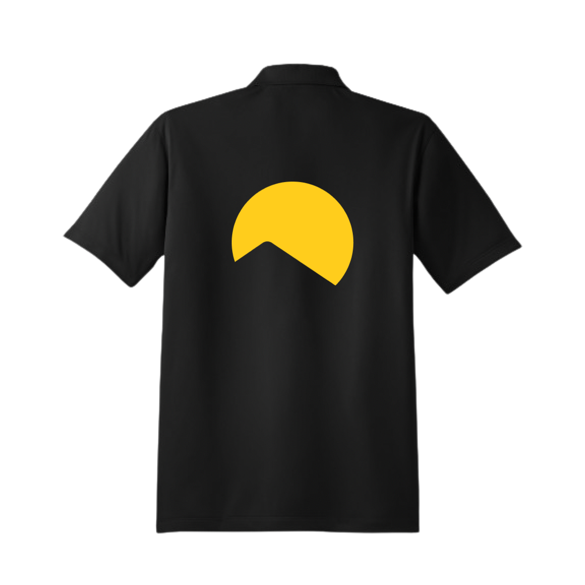 Black collared short-sleeve polo shirt featuring a vibrant yellow circular logo with a black mountain silhouette on the back