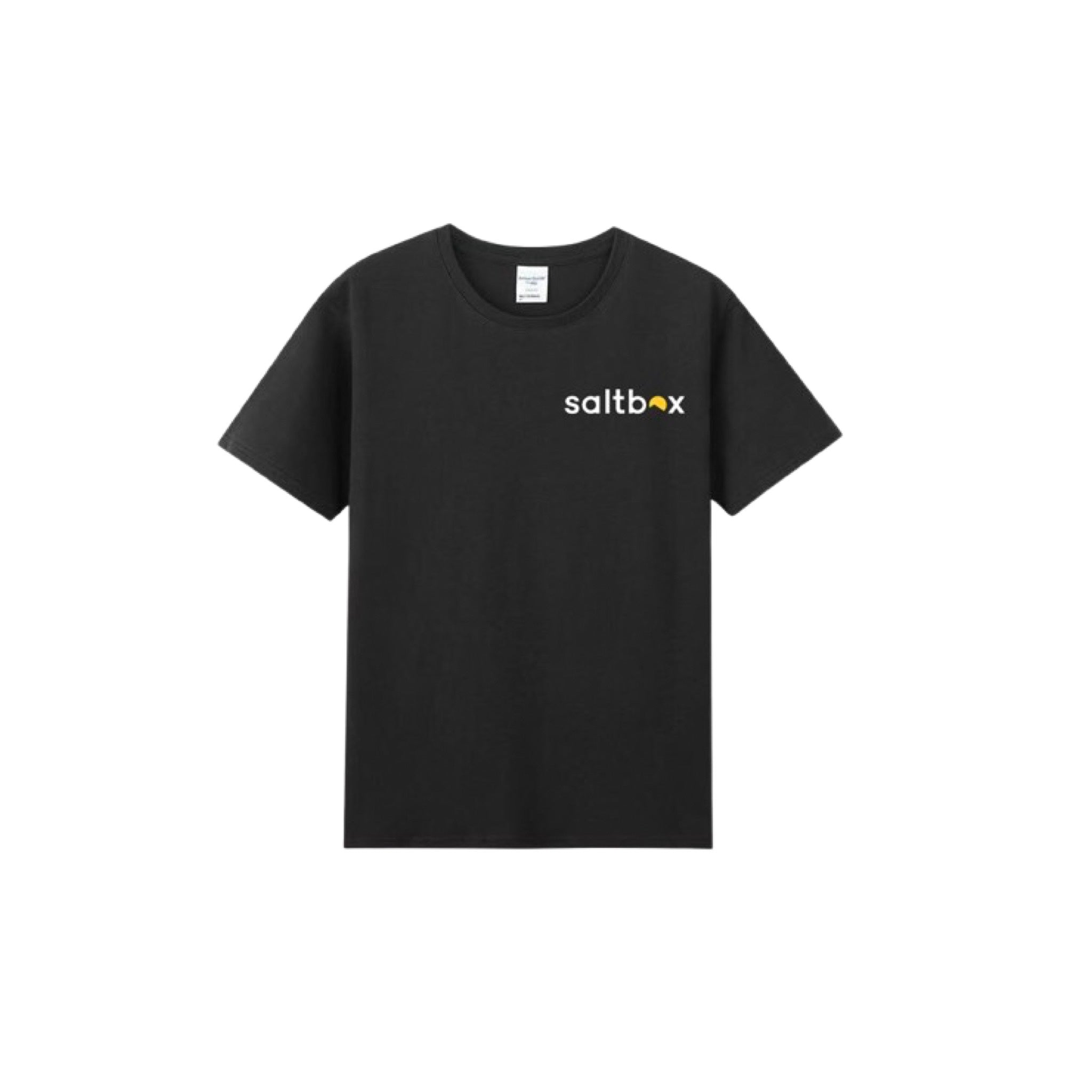 Black cotton t-shirt featuring a white saltbox logo with a yellow crescent moon integrated into the o