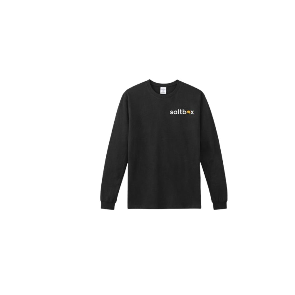 A black long-sleeve t-shirt featuring the white saltbox logo on the left chest with yellow-orange accents above the "o" and on the "x"