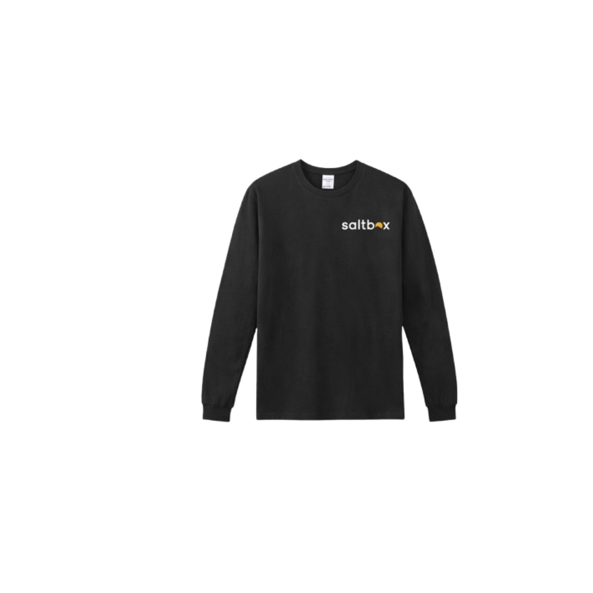 A black long-sleeve t-shirt featuring the white saltbox logo on the left chest with yellow-orange accents above the "o" and on the "x"