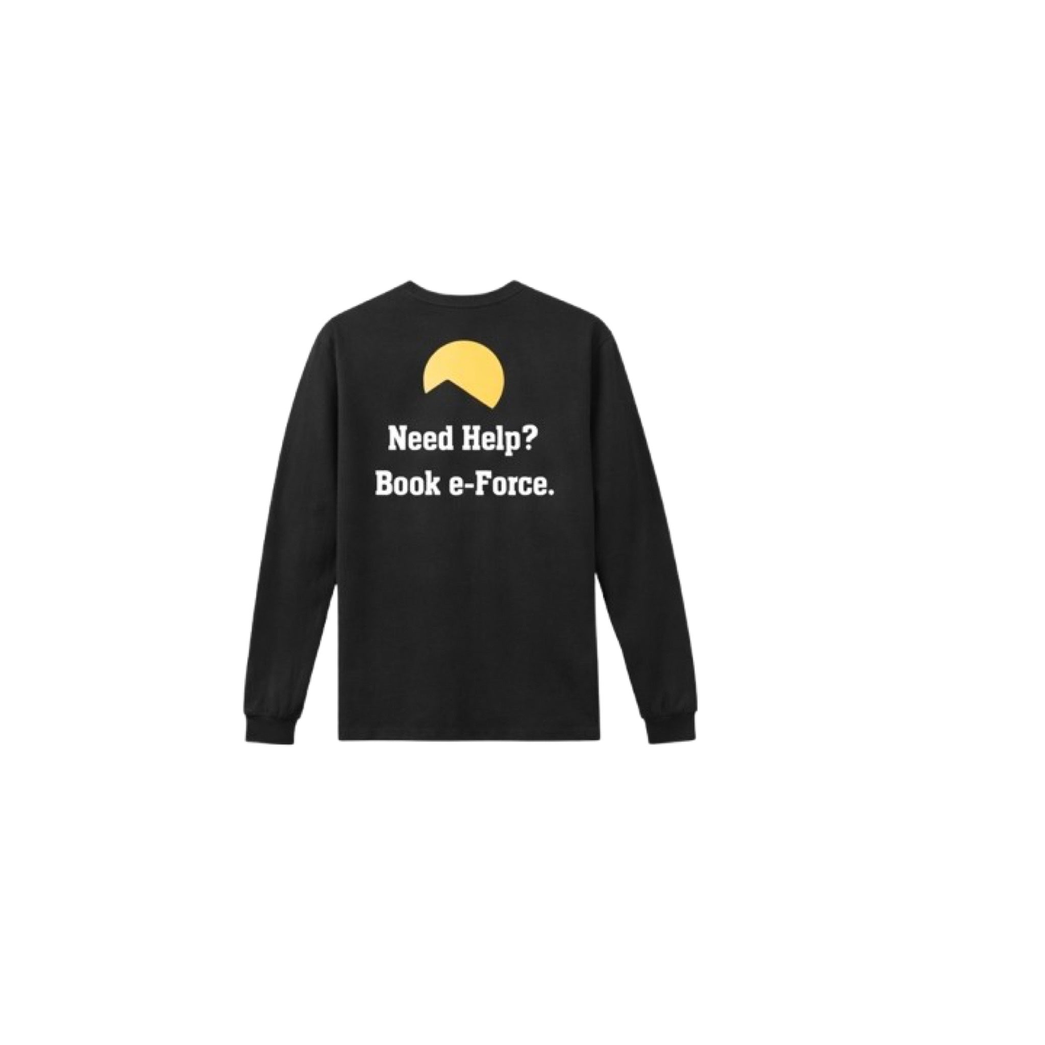 Black long-sleeve t-shirt featuring a yellow sun and dark mountain graphic above white text reading Need Help Book e-Force on the back