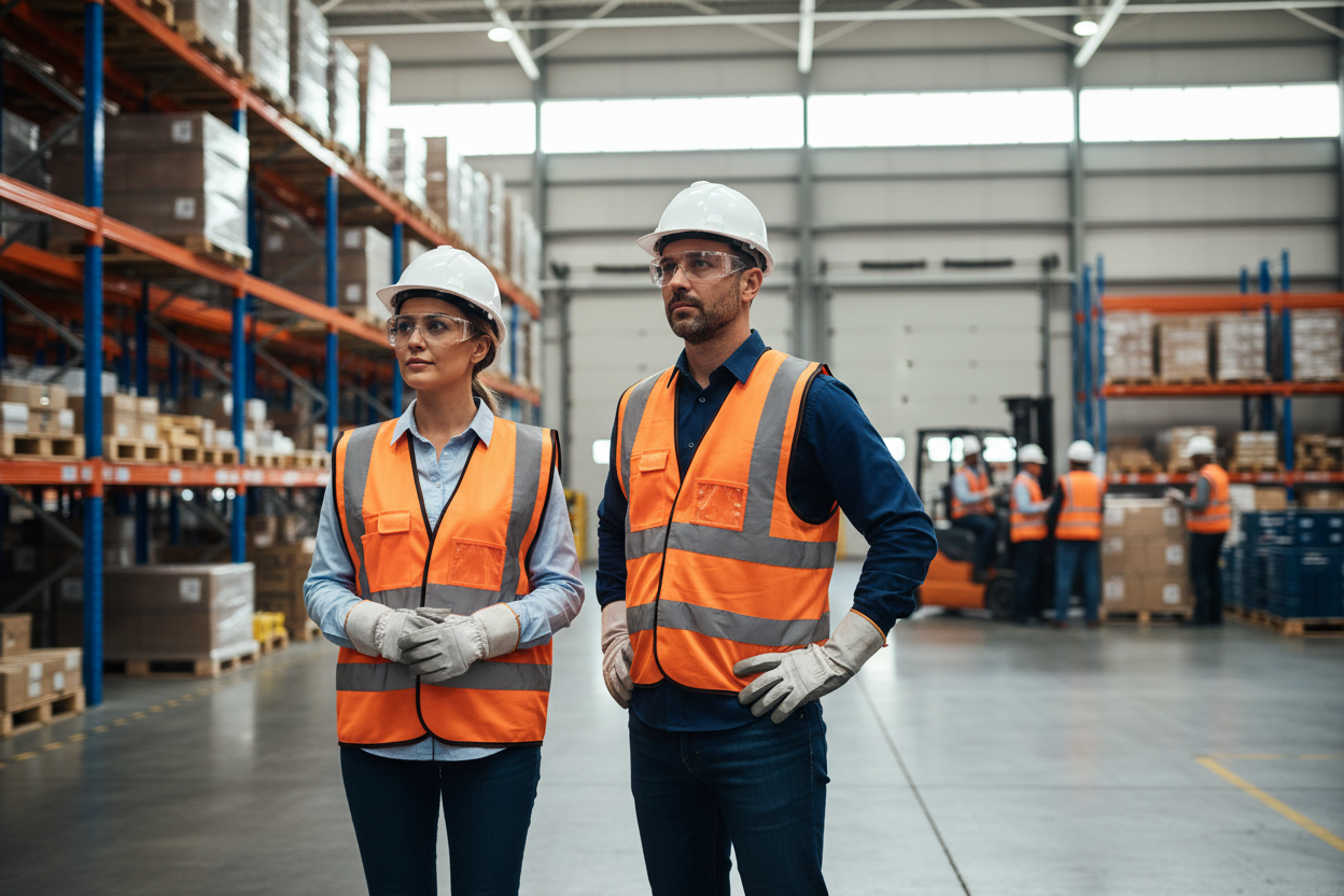man and woman wearing protective supplies looking away in warehouse